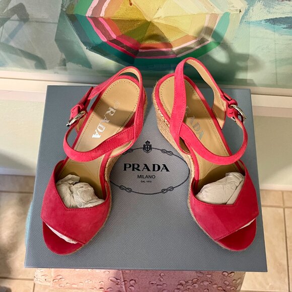 🦩🚢 Prada Flamingo Pink Suede Espadrille Sandals – Size 37 (US 6.5/7) - Picture 2 of 6